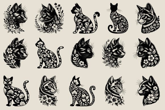 Floral Cat SVG Bundle, Cat with Flowers